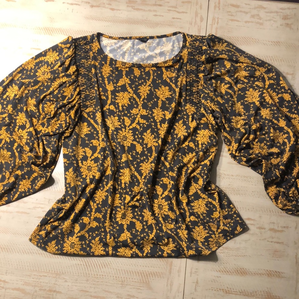 - Ann Taylor long sleeve black and gold shirt, size L, have matching skirt